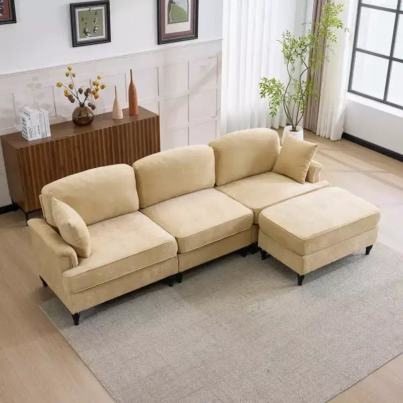 GDFStudio Divano Sezionale Moderno Hiroto a 4 Pezzi in Legno e Ciniglia con Gonna Rimovibile a Pieghe Arricciate e Braccioli Svasati