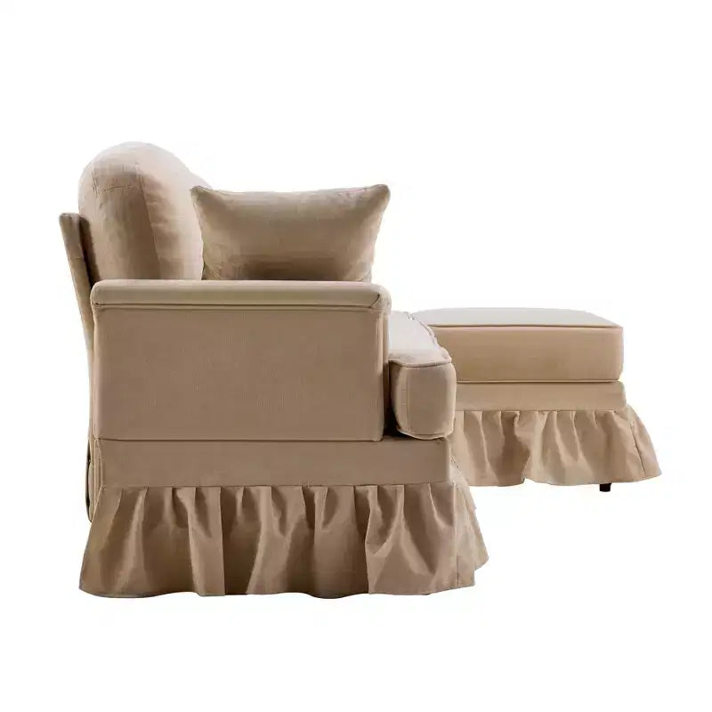 GDFStudio Divano Sezionale Moderno Hiroto a 4 Pezzi in Legno e Ciniglia con Gonna Rimovibile a Pieghe Arricciate e Braccioli Svasati