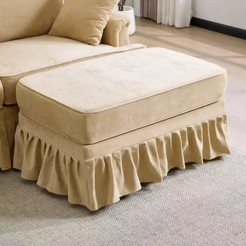 GDFStudio Divano Sezionale Moderno Hiroto a 4 Pezzi in Legno e Ciniglia con Gonna Rimovibile a Pieghe Arricciate e Braccioli Svasati