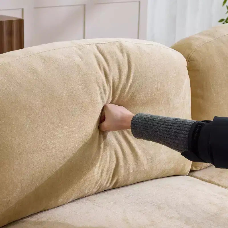 GDFStudio Divano Sezionale Moderno Hiroto a 4 Pezzi in Legno e Ciniglia con Gonna Rimovibile a Pieghe Arricciate e Braccioli Svasati