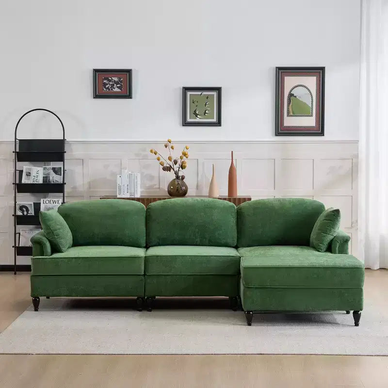 GDFStudio Divano Sezionale Moderno Hiroto a 4 Pezzi in Legno e Ciniglia con Gonna Rimovibile a Pieghe Arricciate e Braccioli Svasati