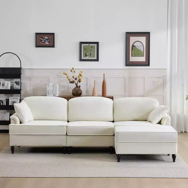 GDFStudio Divano Sezionale Moderno Hiroto a 4 Pezzi in Legno e Ciniglia con Gonna Rimovibile a Pieghe Arricciate e Braccioli Svasati