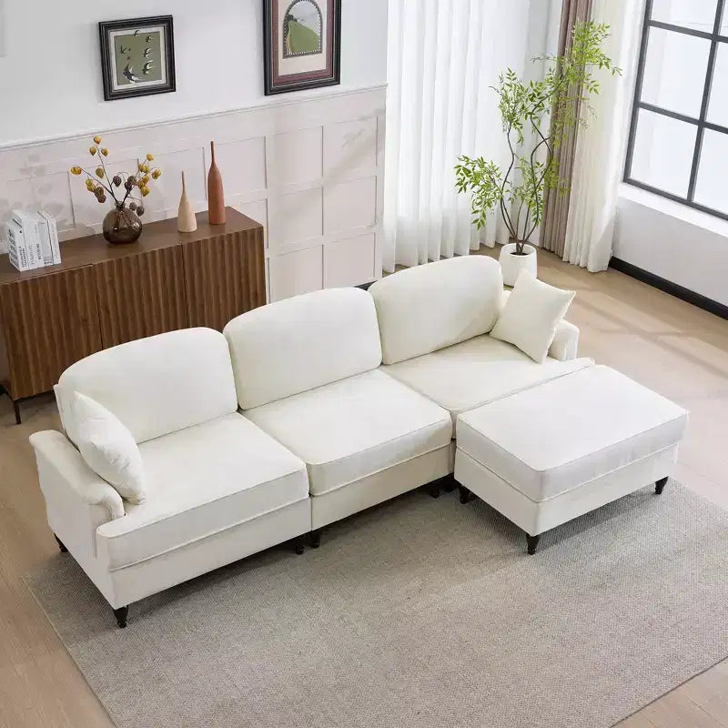 GDFStudio Divano Sezionale Moderno Hiroto a 4 Pezzi in Legno e Ciniglia con Gonna Rimovibile a Pieghe Arricciate e Braccioli Svasati