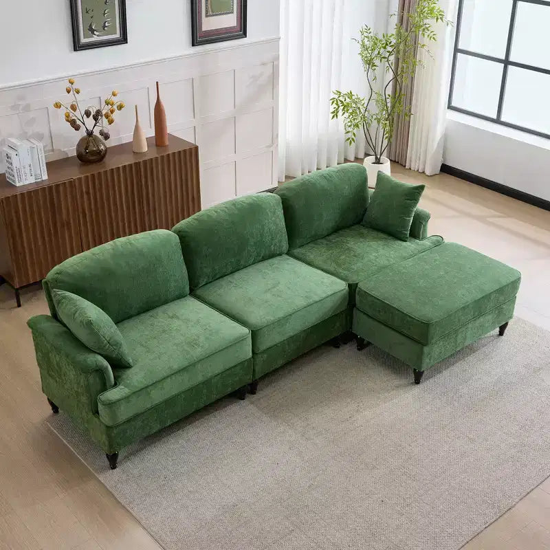 GDFStudio Divano Sezionale Moderno Hiroto a 4 Pezzi in Legno e Ciniglia con Gonna Rimovibile a Pieghe Arricciate e Braccioli Svasati