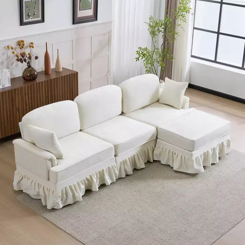 GDFStudio Divano Sezionale Moderno Hiroto a 4 Pezzi in Legno e Ciniglia con Gonna Rimovibile a Pieghe Arricciate e Braccioli Svasati