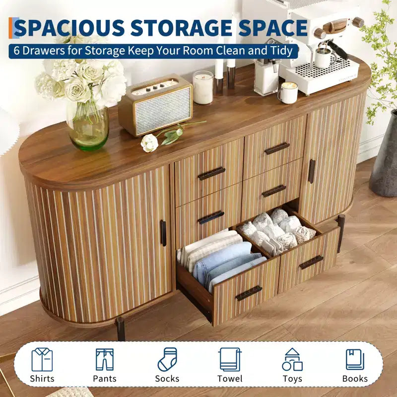 Madia credenza moderna scanalata da 149 cm con ripiano effetto marmo, mobile porta dischi a 2 ante e 6 cassetti e consolle da bar