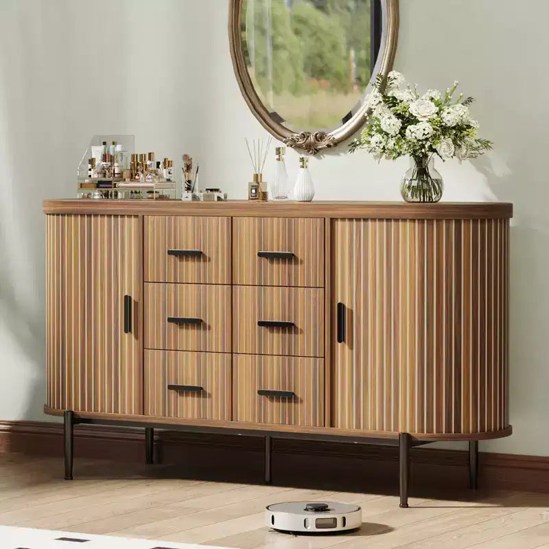 Madia credenza moderna scanalata da 149 cm con ripiano effetto marmo, mobile porta dischi a 2 ante e 6 cassetti e consolle da bar
