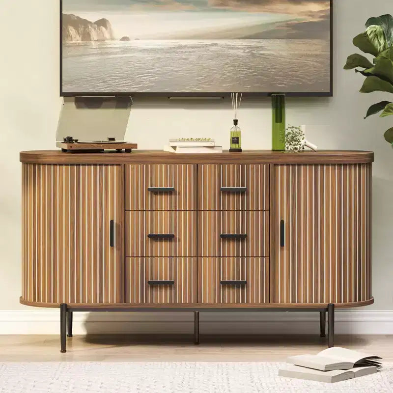 Madia credenza moderna scanalata da 149 cm con ripiano effetto marmo, mobile porta dischi a 2 ante e 6 cassetti e consolle da bar