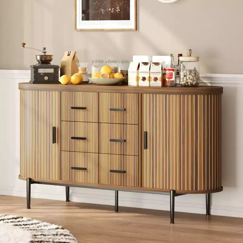 Madia credenza moderna scanalata da 149 cm con ripiano effetto marmo, mobile porta dischi a 2 ante e 6 cassetti e consolle da bar