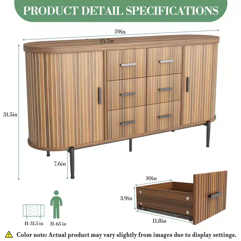 Madia credenza moderna scanalata da 149 cm con ripiano effetto marmo, mobile porta dischi a 2 ante e 6 cassetti e consolle da bar