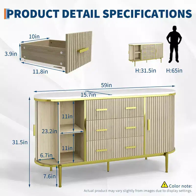 Madia credenza moderna scanalata da 149 cm con ripiano effetto marmo, mobile porta dischi a 2 ante e 6 cassetti e consolle da bar