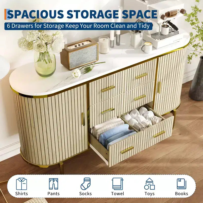 Madia credenza moderna scanalata da 149 cm con ripiano effetto marmo, mobile porta dischi a 2 ante e 6 cassetti e consolle da bar