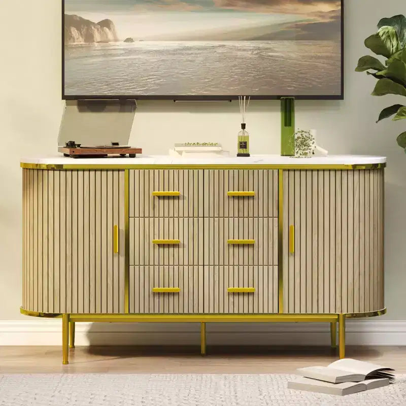 Madia credenza moderna scanalata da 149 cm con ripiano effetto marmo, mobile porta dischi a 2 ante e 6 cassetti e consolle da bar