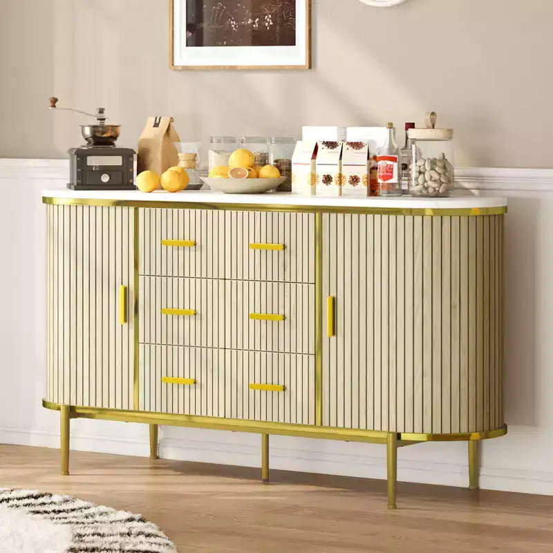 Madia credenza moderna scanalata da 149 cm con ripiano effetto marmo, mobile porta dischi a 2 ante e 6 cassetti e consolle da bar