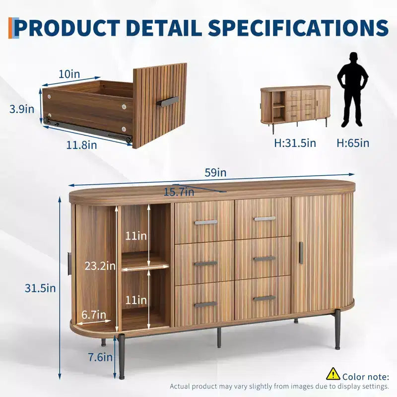 Madia credenza moderna scanalata da 149 cm con ripiano effetto marmo, mobile porta dischi a 2 ante e 6 cassetti e consolle da bar