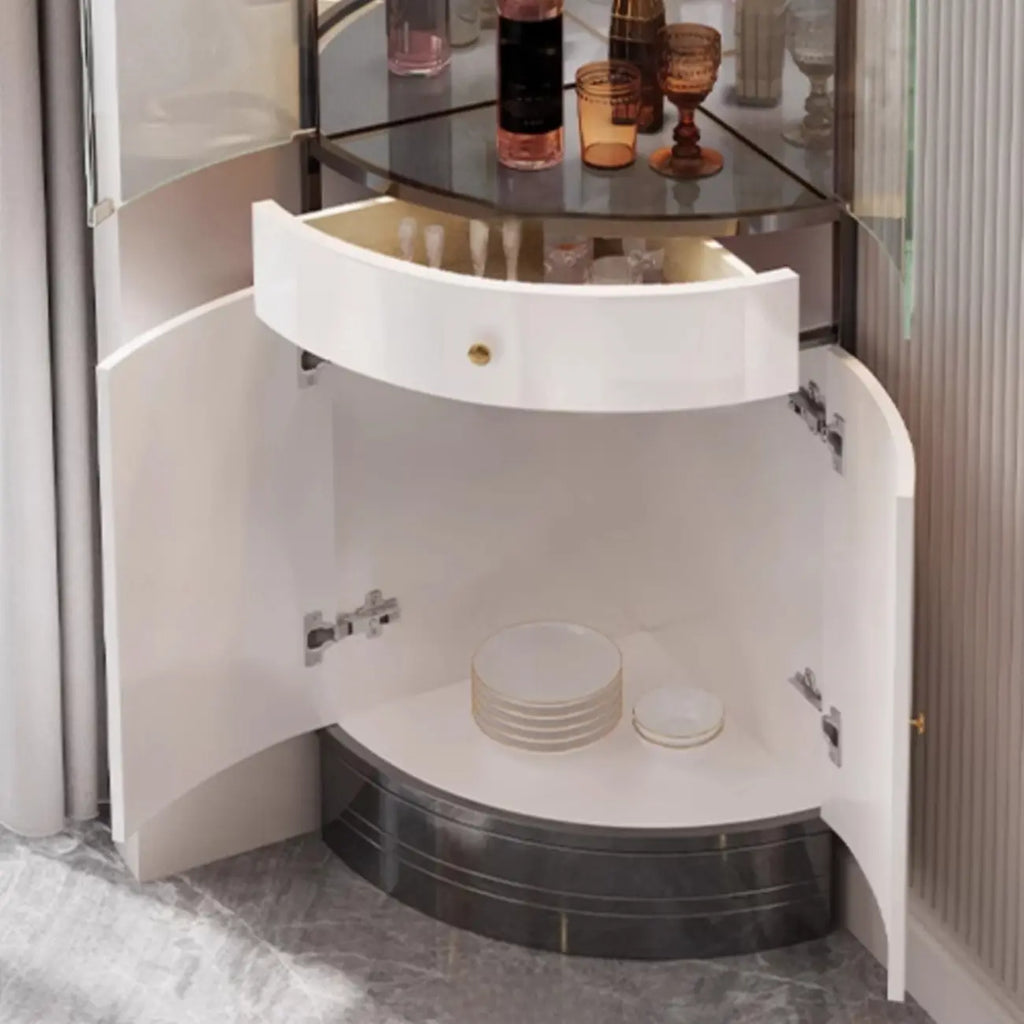 Multiple Levels Glass and Metal Shelf Storage Display Corner Wine Cabinet