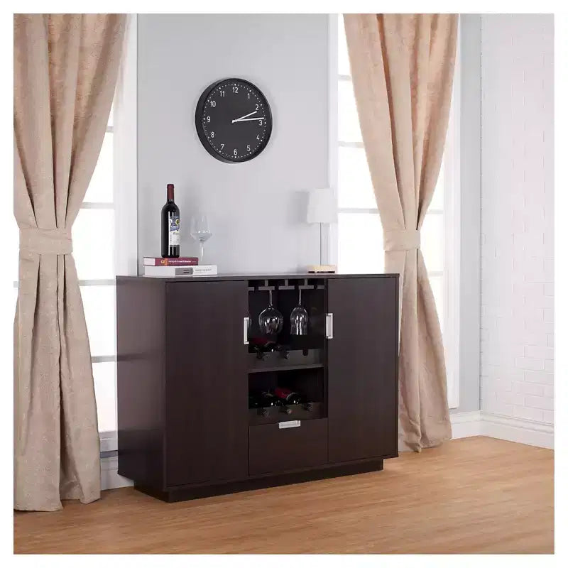 24/7 Shop At Home Credenza Moderna Multiuso Roslyn Espresso: Portabottiglie, Portabicchieri, Vetrina per Stoviglie