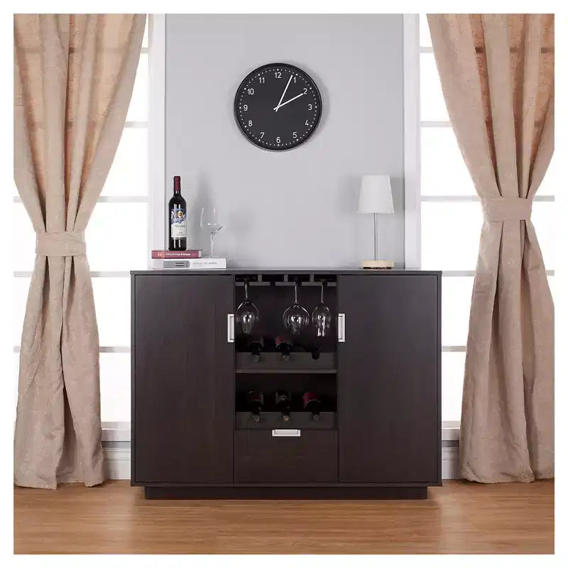 24/7 Shop At Home Credenza Moderna Multiuso Roslyn Espresso: Portabottiglie, Portabicchieri, Vetrina per Stoviglie