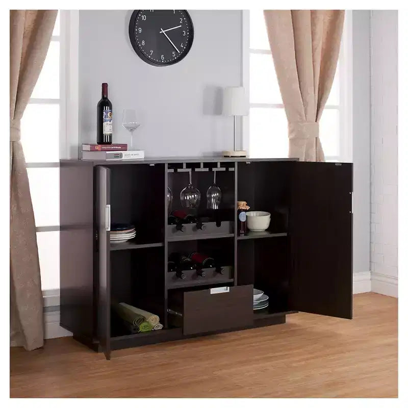 24/7 Shop At Home Credenza Moderna Multiuso Roslyn Espresso: Portabottiglie, Portabicchieri, Vetrina per Stoviglie