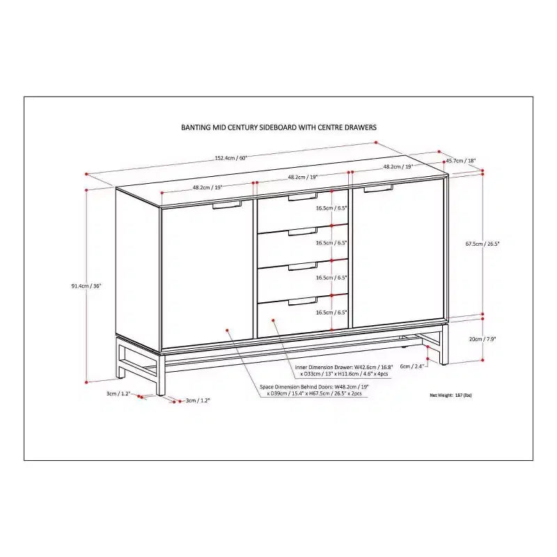 Mobile contenitore Devlin Mid-Century da 60” con cassetti centrali Marrone Noce - WyndenHall: Credenza in legno massello, Ripiani regolabili