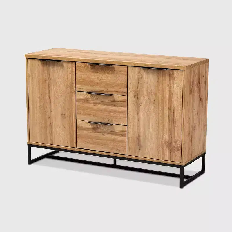 Reid Wood & Metal 3 Drawer Sideboard Buffet Oak/Black - Baxton Studio