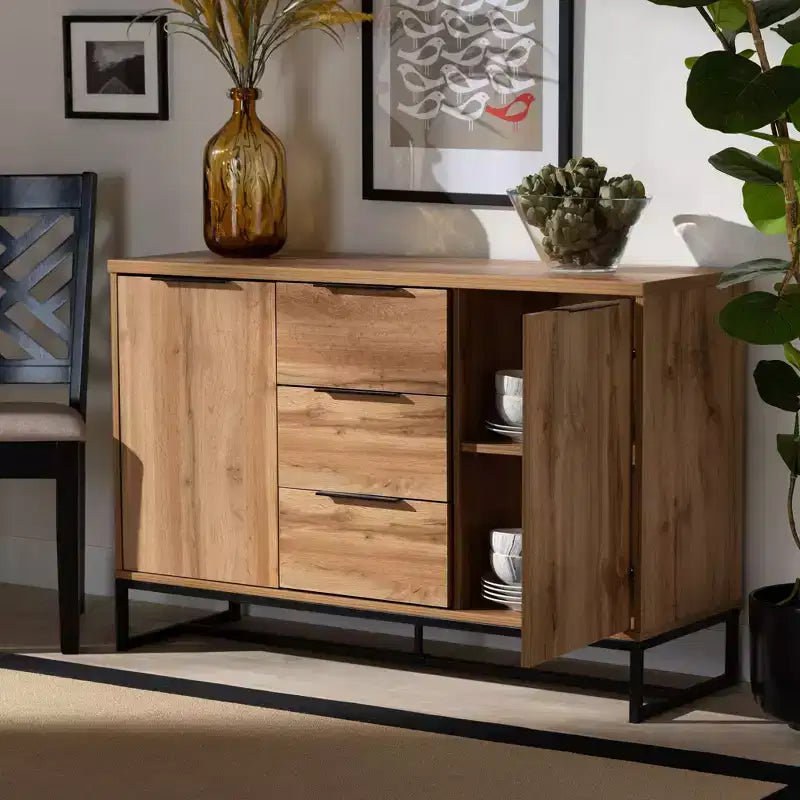 Reid Madia a 3 Cassetti in Legno e Metallo Rovere/Nero - Baxton Studio