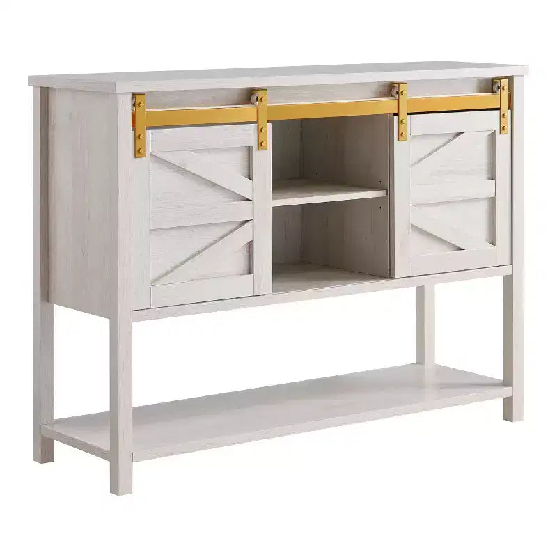 47" Quailridge Farmhouse 4 Shelf Buffet with Barn Doors White Oak - miBasics: Engineered Wood, Adjustable Storage