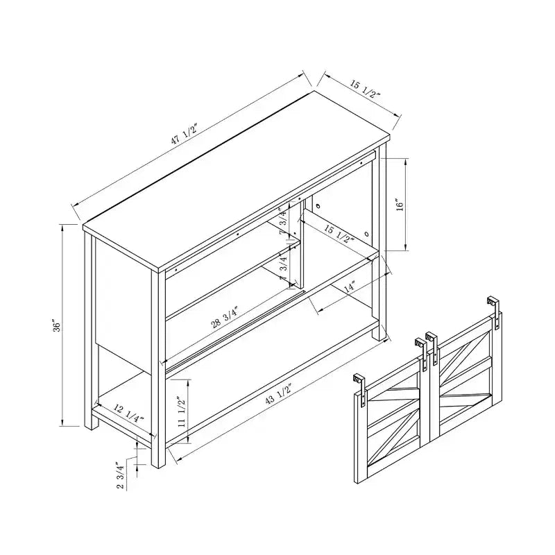 Credenza da fattoria Quailridge da 47" con 4 ripiani e ante scorrevoli, rovere bianco - miBasics: Legno ingegnerizzato, vani regolabili