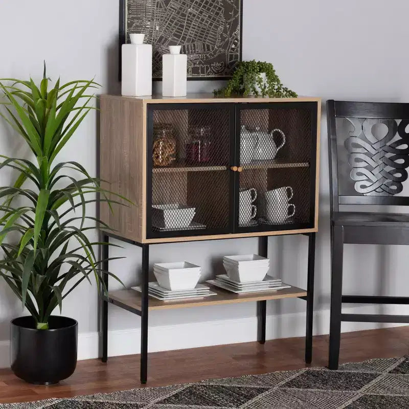 Baxton Studio Asher Credenza con 2 Ante in Legno e Metallo, Mobile da Pranzo Marrone Naturale/Nero: Ripiani Fissi, Struttura in Truciolato