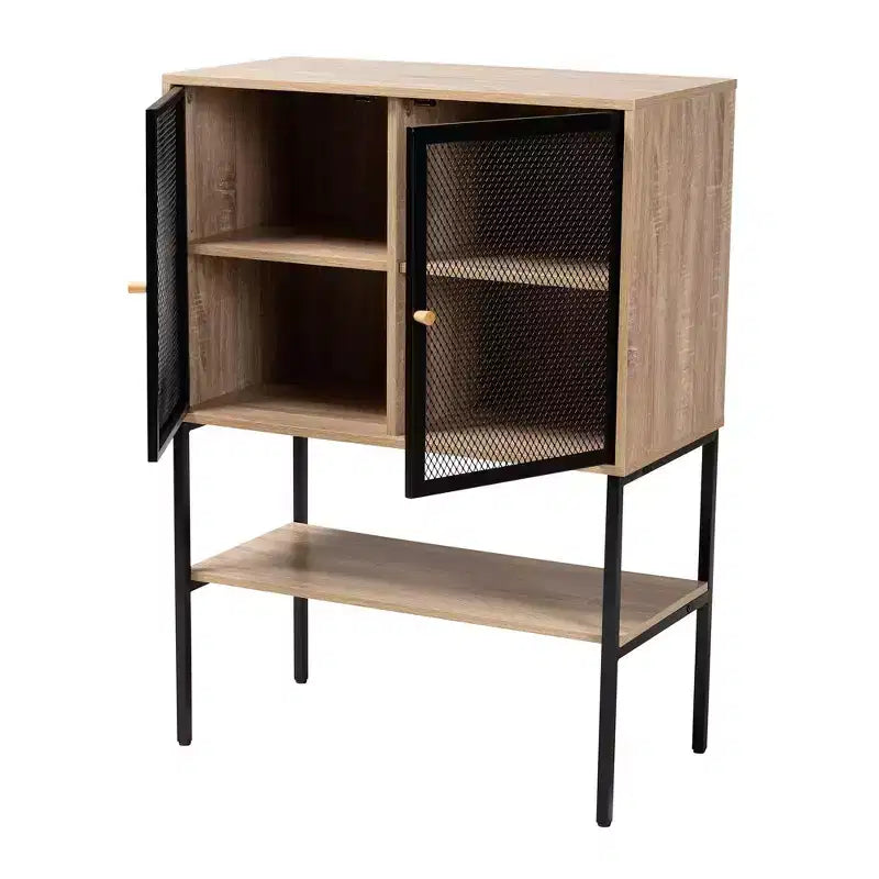 Baxton Studio Asher Credenza con 2 Ante in Legno e Metallo, Mobile da Pranzo Marrone Naturale/Nero: Ripiani Fissi, Struttura in Truciolato