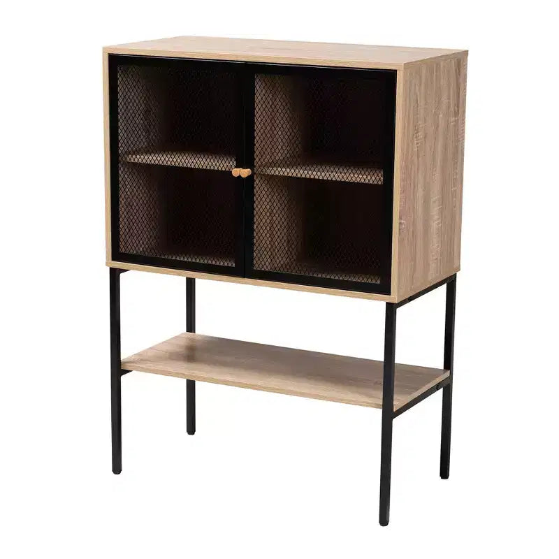 Baxton Studio Asher Credenza con 2 Ante in Legno e Metallo, Mobile da Pranzo Marrone Naturale/Nero: Ripiani Fissi, Struttura in Truciolato
