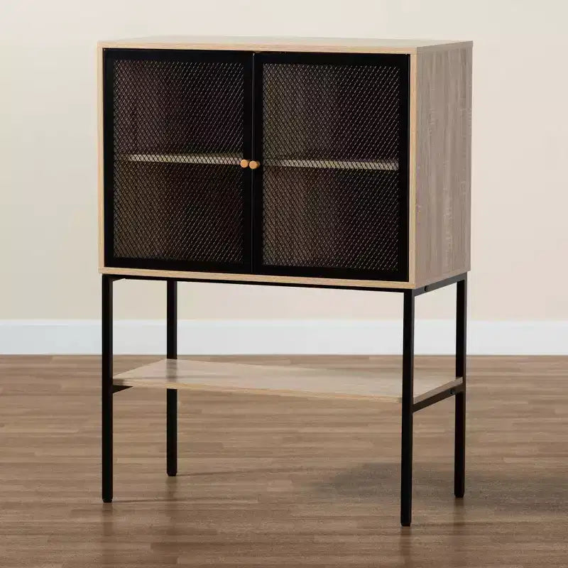 Baxton Studio Asher Credenza con 2 Ante in Legno e Metallo, Mobile da Pranzo Marrone Naturale/Nero: Ripiani Fissi, Struttura in Truciolato