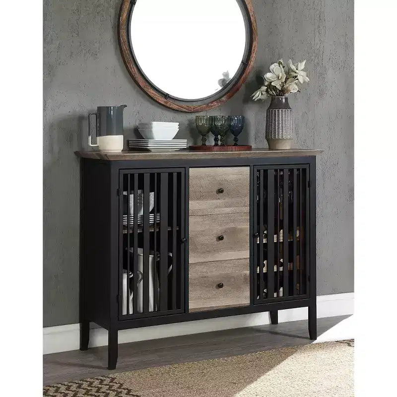 Mobile da cucina e sala da pranzo Zudora da 47" con finitura quercia antica e nero sabbia - Acme Furniture: struttura in metallo, scomparti divisi, legno composito