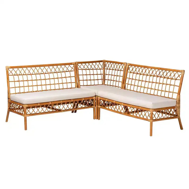 bali & pari 3pc Capella Rattan Dining Nook Banquette Set White/Light Honey: Handcrafted, Foam Cushioned, No Assembly