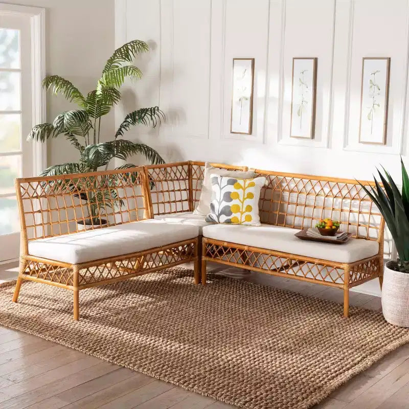 bali & pari Set Panca ad Angolo da Pranzo in Rattan Capella 3 Pezzi Bianco/Miele Chiaro: Fatto a Mano, Imbottito in Schiuma, Nessun Montaggio Richiesto