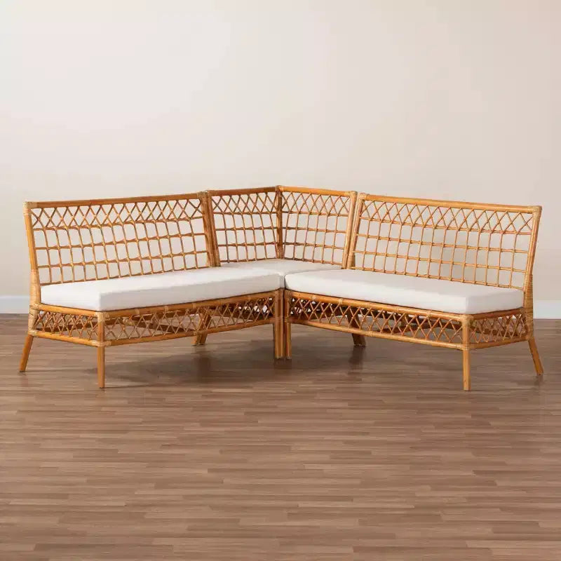 bali & pari Set Panca ad Angolo da Pranzo in Rattan Capella 3 Pezzi Bianco/Miele Chiaro: Fatto a Mano, Imbottito in Schiuma, Nessun Montaggio Richiesto