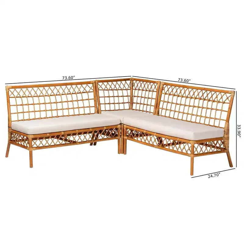 bali & pari Set Panca ad Angolo da Pranzo in Rattan Capella 3 Pezzi Bianco/Miele Chiaro: Fatto a Mano, Imbottito in Schiuma, Nessun Montaggio Richiesto
