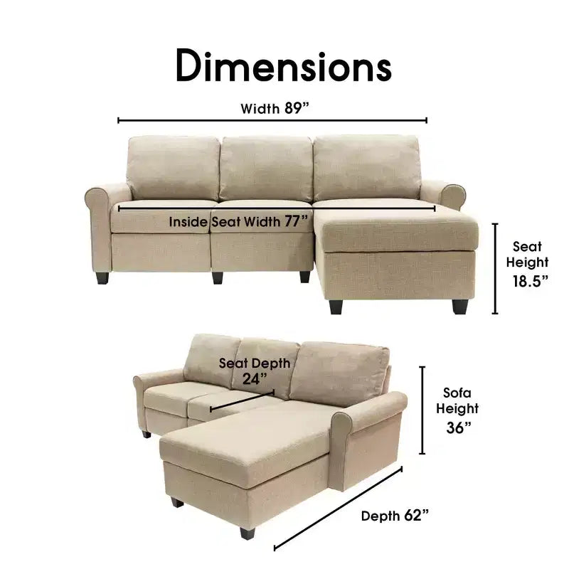 Divano Sezionale Reclinabile Serta Copenhagen con Chaise a Destra e Contenitore Beige: Rivestimento in Microfibra, Struttura in Legno, Pulizia a Macchia