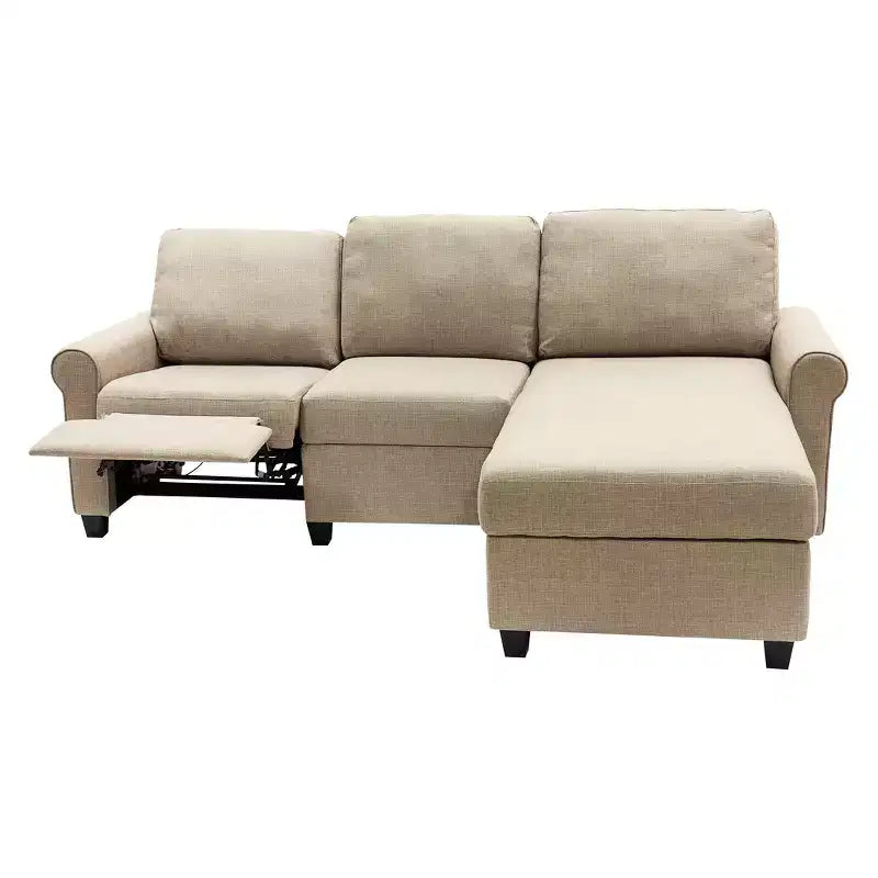 Divano Sezionale Reclinabile Serta Copenhagen con Chaise a Destra e Contenitore Beige: Rivestimento in Microfibra, Struttura in Legno, Pulizia a Macchia