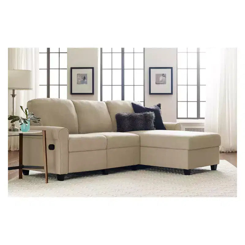 Divano Sezionale Reclinabile Serta Copenhagen con Chaise a Destra e Contenitore Beige: Rivestimento in Microfibra, Struttura in Legno, Pulizia a Macchia