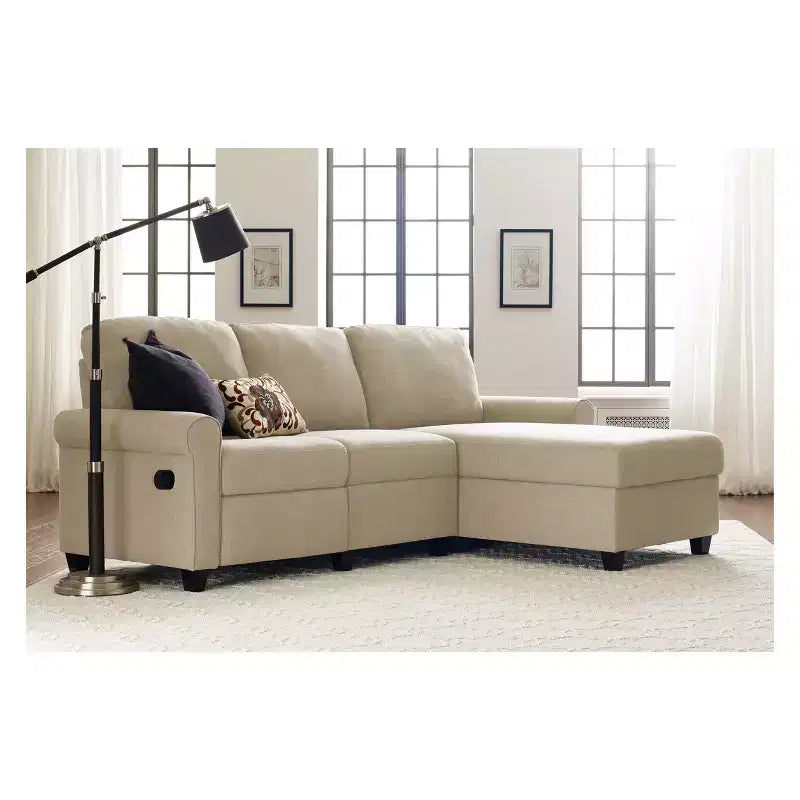 Divano Sezionale Reclinabile Serta Copenhagen con Chaise a Destra e Contenitore Beige: Rivestimento in Microfibra, Struttura in Legno, Pulizia a Macchia