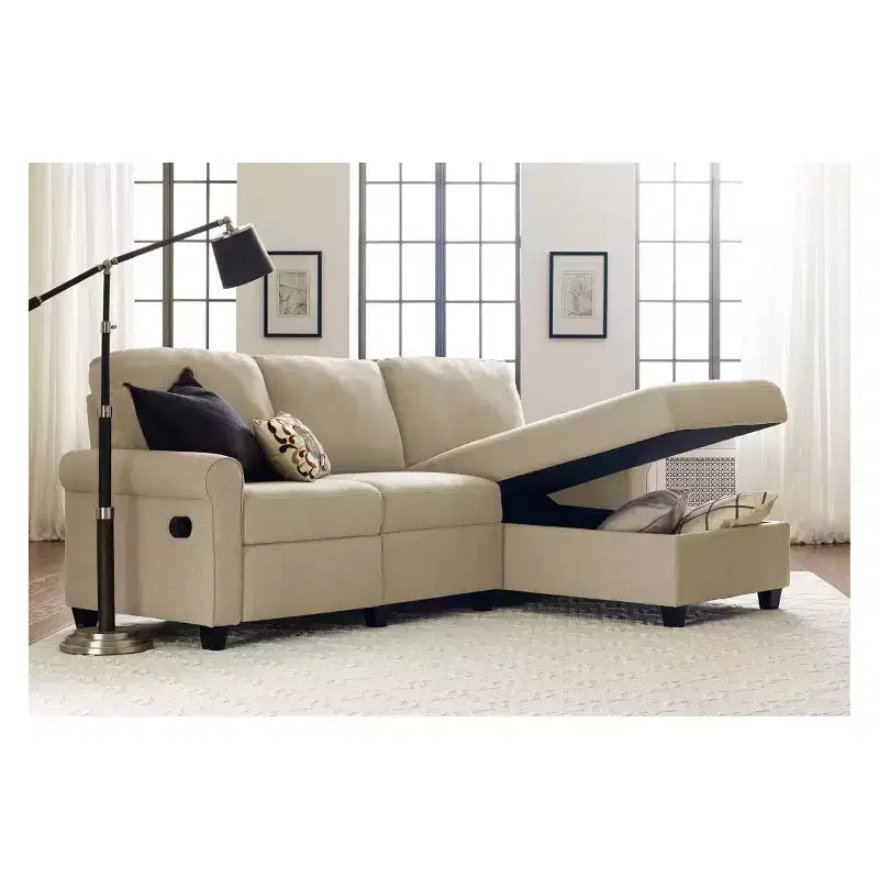 Divano Sezionale Reclinabile Serta Copenhagen con Chaise a Destra e Contenitore Beige: Rivestimento in Microfibra, Struttura in Legno, Pulizia a Macchia