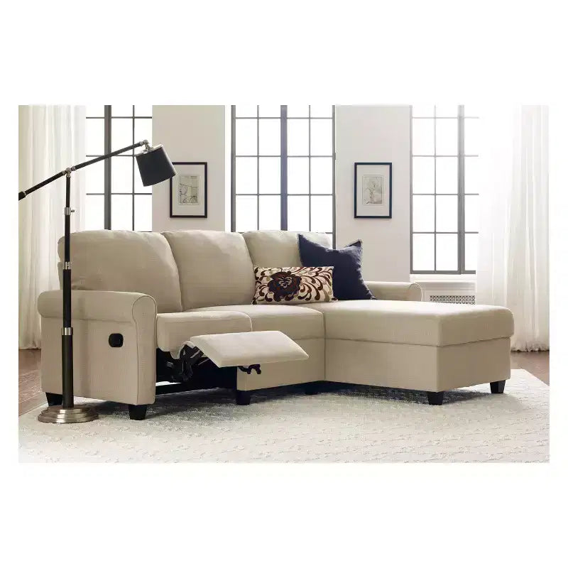 Divano Sezionale Reclinabile Serta Copenhagen con Chaise a Destra e Contenitore Beige: Rivestimento in Microfibra, Struttura in Legno, Pulizia a Macchia
