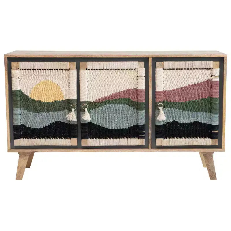 Storied Home Mango Wood Console Cream Pattern: Woven Rope Doors, Divided Storage, No Tools Assembly