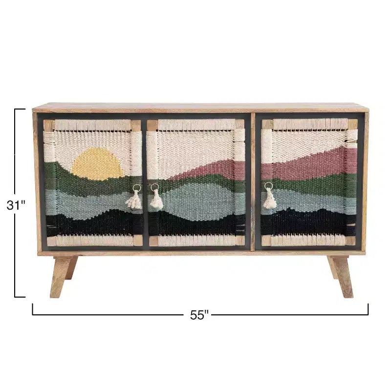 Storied Home Consolle in Legno di Mango, Motivo Crema: Ante in Corda Intrecciata, Vano Contenitore Diviso, Montaggio Senza Attrezzi