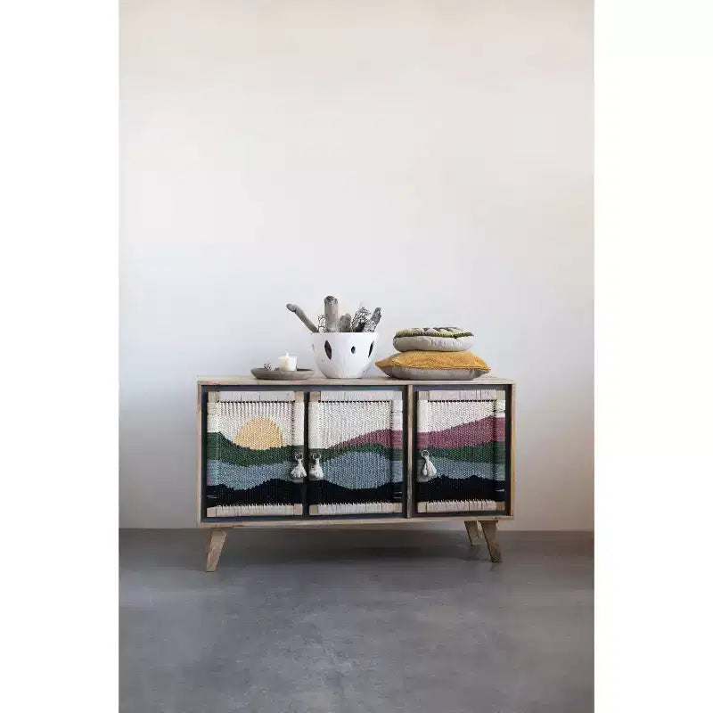 Storied Home Consolle in Legno di Mango, Motivo Crema: Ante in Corda Intrecciata, Vano Contenitore Diviso, Montaggio Senza Attrezzi