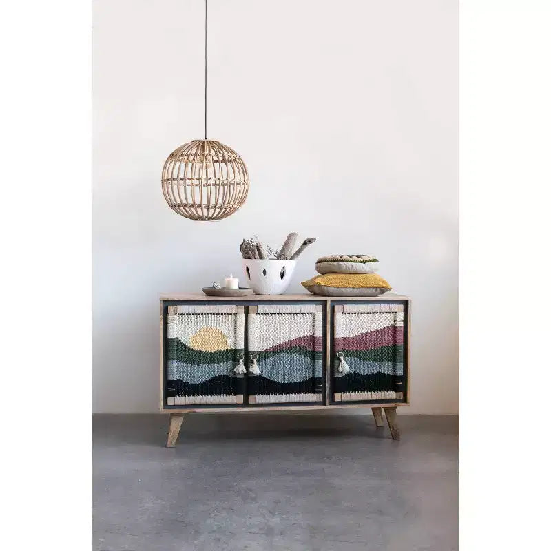 Storied Home Consolle in Legno di Mango, Motivo Crema: Ante in Corda Intrecciata, Vano Contenitore Diviso, Montaggio Senza Attrezzi