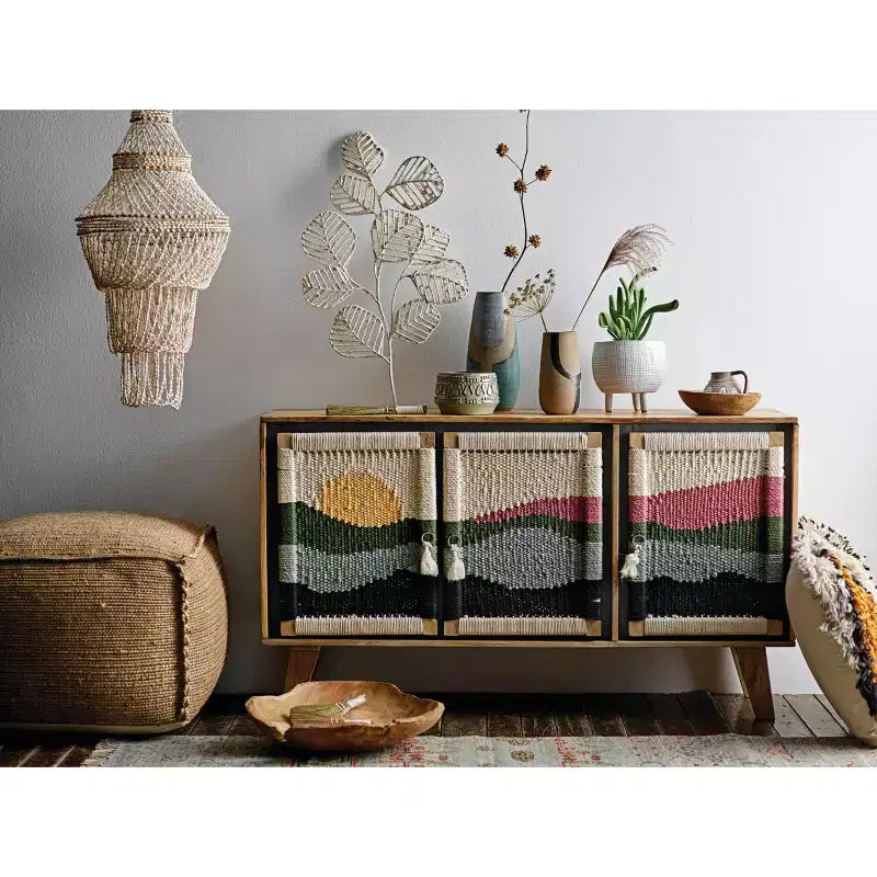 Storied Home Consolle in Legno di Mango, Motivo Crema: Ante in Corda Intrecciata, Vano Contenitore Diviso, Montaggio Senza Attrezzi