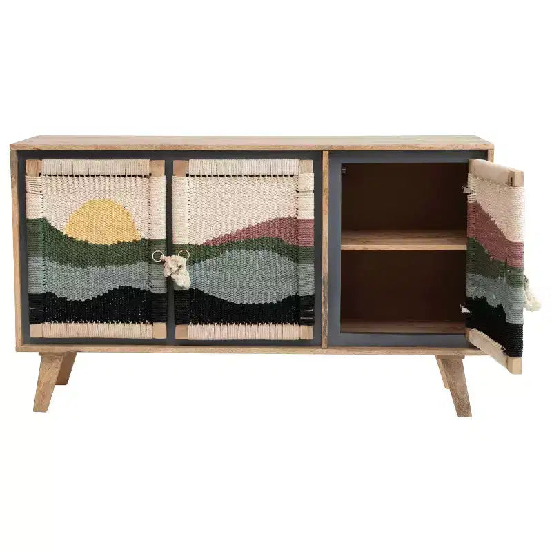Storied Home Consolle in Legno di Mango, Motivo Crema: Ante in Corda Intrecciata, Vano Contenitore Diviso, Montaggio Senza Attrezzi