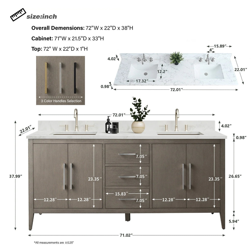 Vanity Art 72 Double Sink Bathroom Vanity Cabinet with Engineered Marble Top